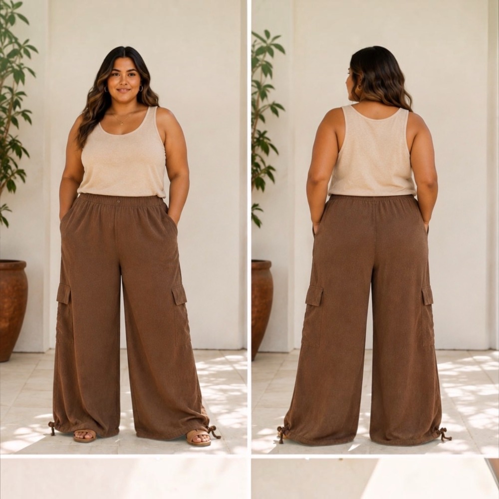 ZARA Brown Textured Cargo Pants Wide Leg High Waist Elastic Drawstring Hem Large